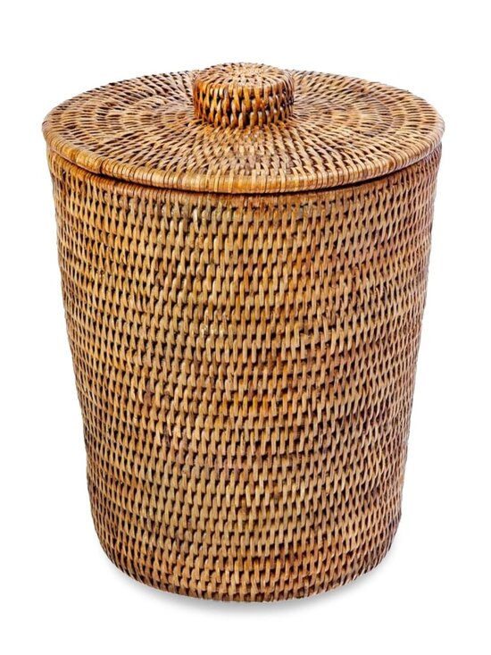Other - La Jolla Rattan Round Waste Basket With Lid & Plastic Insert, 2 Gallon Woven Was